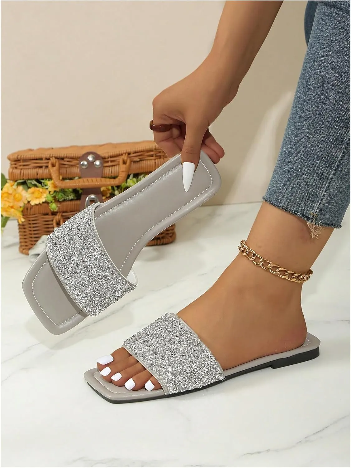 GORGLITTER Glitter Sandals Sparkly Sandals Casual Rhinestone Slides Bling Open Toe Sandals