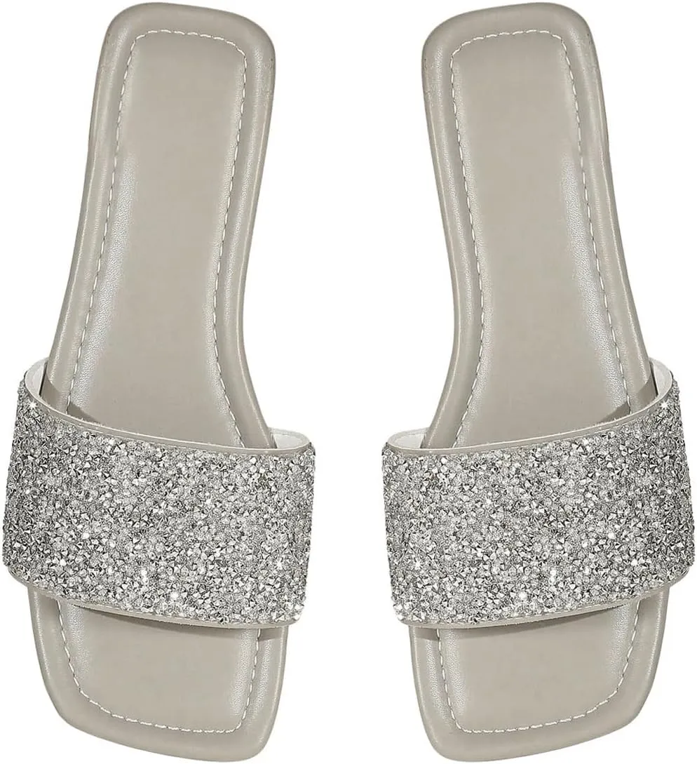 GORGLITTER Glitter Sandals Sparkly Sandals Casual Rhinestone Slides Bling Open Toe Sandals