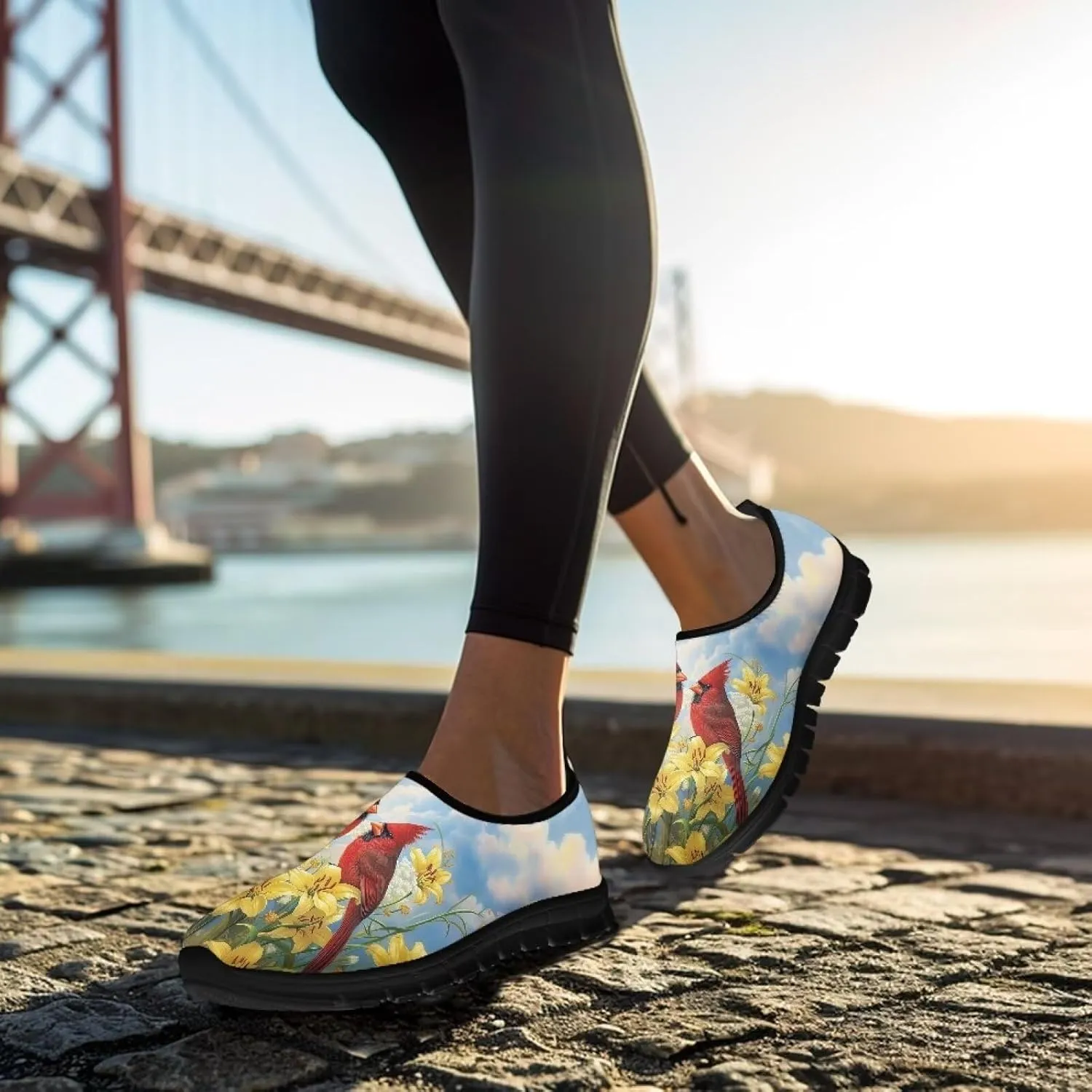 GOSTONG Floral Art Sneakers for Women Comfy Soft Sole Non Slip Walking Sneakers for Outdoor Travel Easy Slip on Lightweight Indoor Loafers Black US 5.5-11.5
