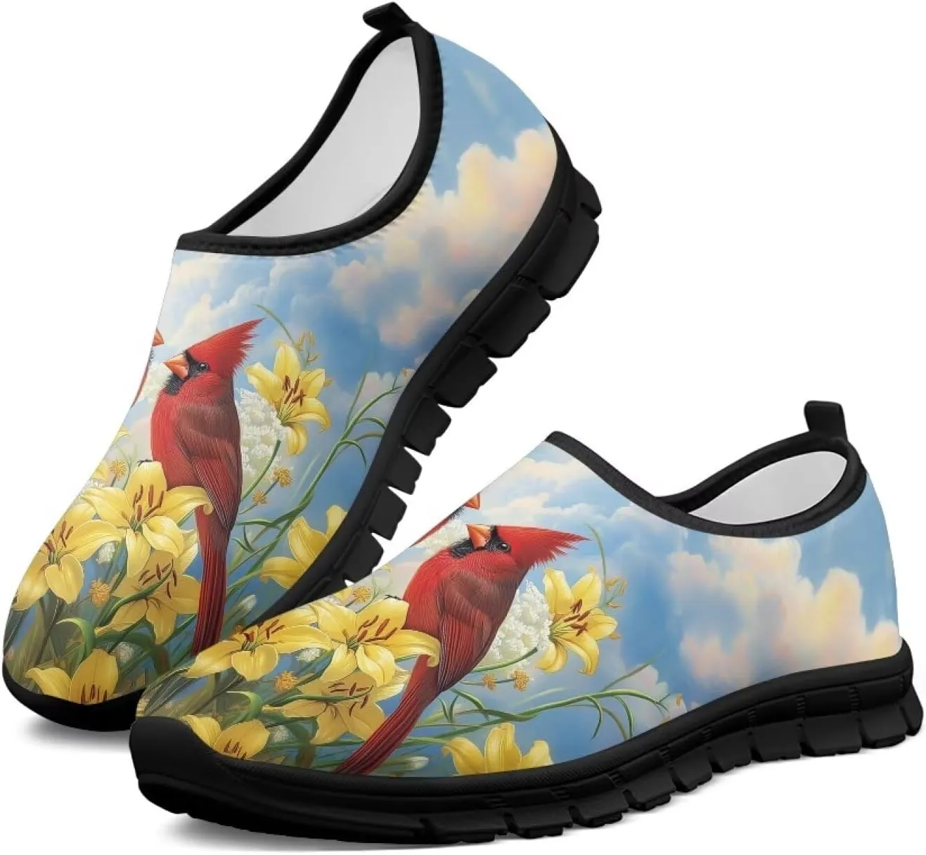 GOSTONG Floral Art Sneakers for Women Comfy Soft Sole Non Slip Walking Sneakers for Outdoor Travel Easy Slip on Lightweight Indoor Loafers Black US 5.5-11.5