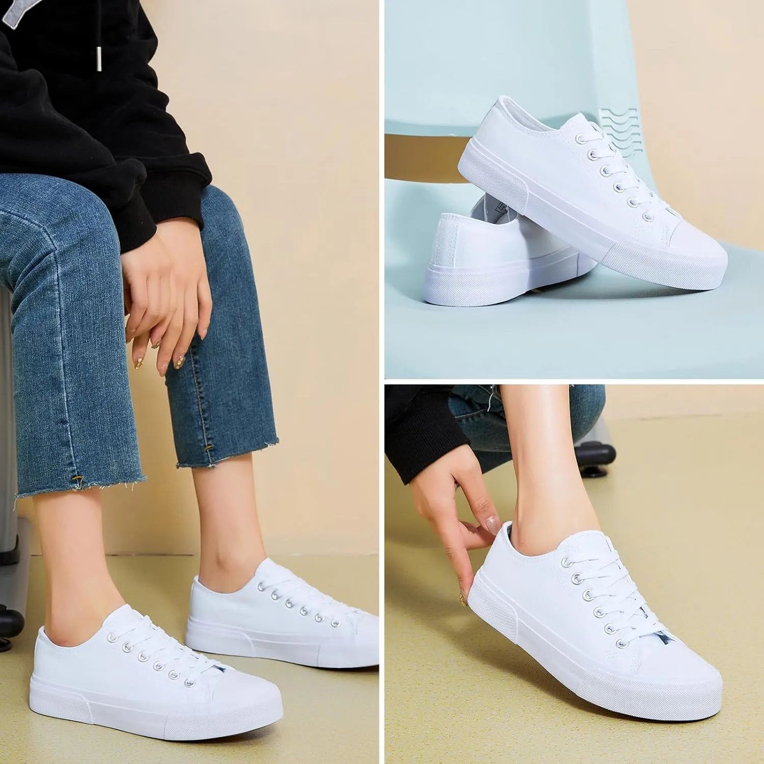 hash bubbie White Sneakers for Women Low Top Canvas Shoes Womens Canvas Sneakers Women's Fashion Sneakers Slip on Casual Tennis Shoes