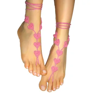 Heart Shape Beach Wedding Barefoot Sandals, Crochet Anklet Women Foot Jewelry, Nude Shoes, Valentine's Gift for Her, Bridesmaid Gift (Pink)