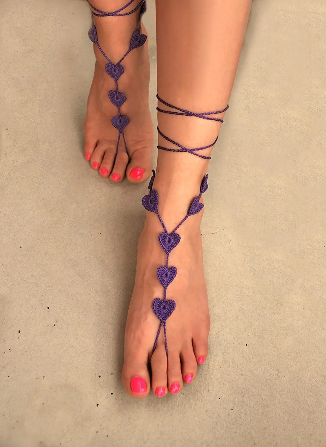 Heart Shape Beach Wedding Barefoot Sandals, Crochet Anklet Women Foot Jewelry, Nude Shoes, Valentine's Gift for Her, Bridesmaid Gift (Pink)