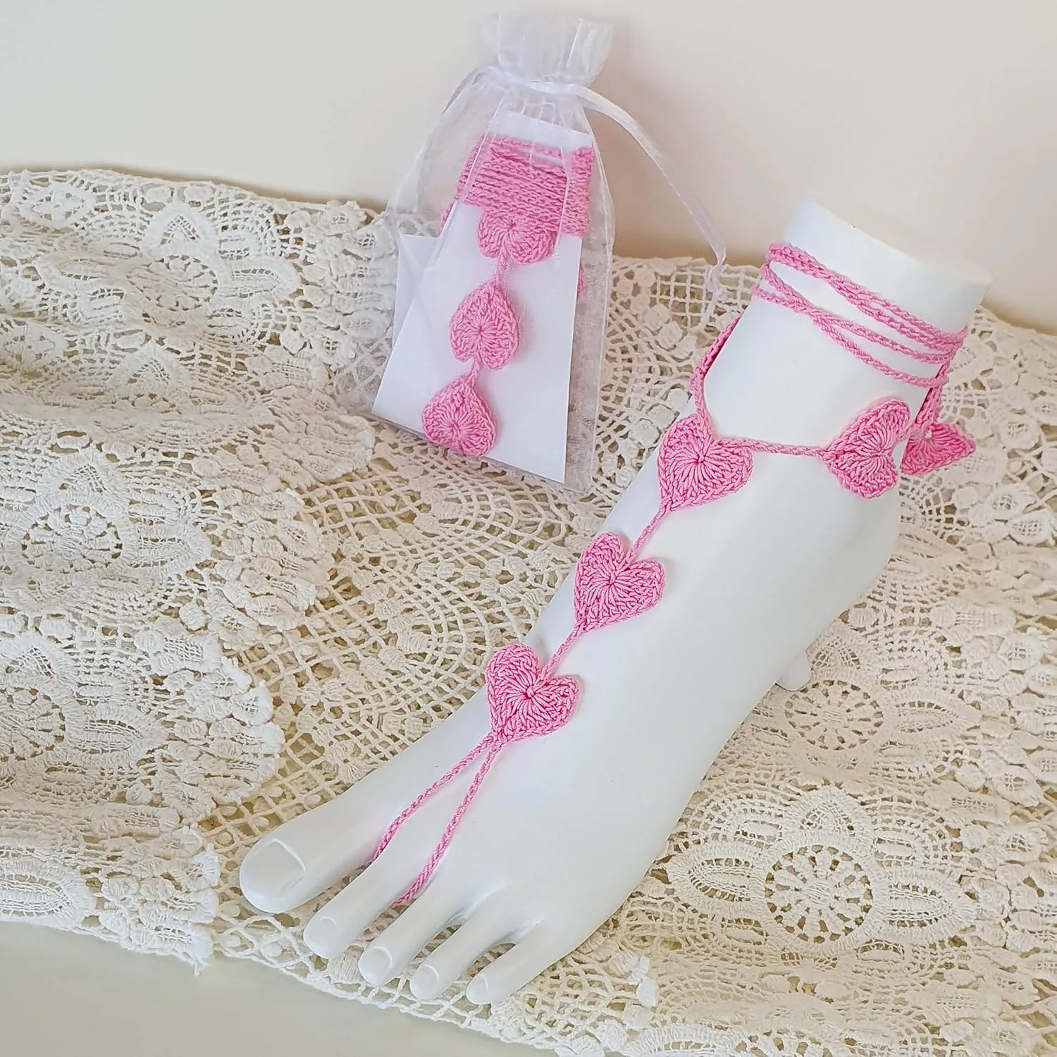 Heart Shape Beach Wedding Barefoot Sandals, Crochet Anklet Women Foot Jewelry, Nude Shoes, Valentine's Gift for Her, Bridesmaid Gift (Pink)