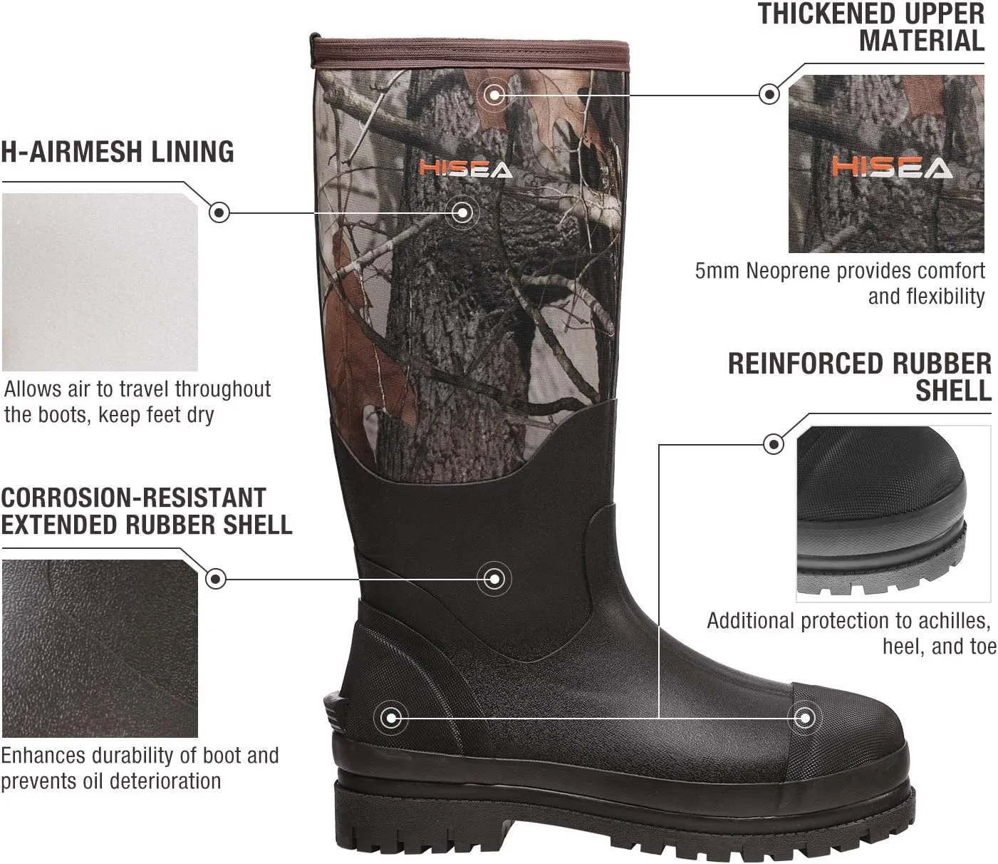 HISEA Men's Rubber Neoprene Rain Boots, Snow Boots - Tall Warm Waterproof Mens Winter Boots Durable Slip Resistant Boots for Men Outdoor Working, Hunting, Fishing