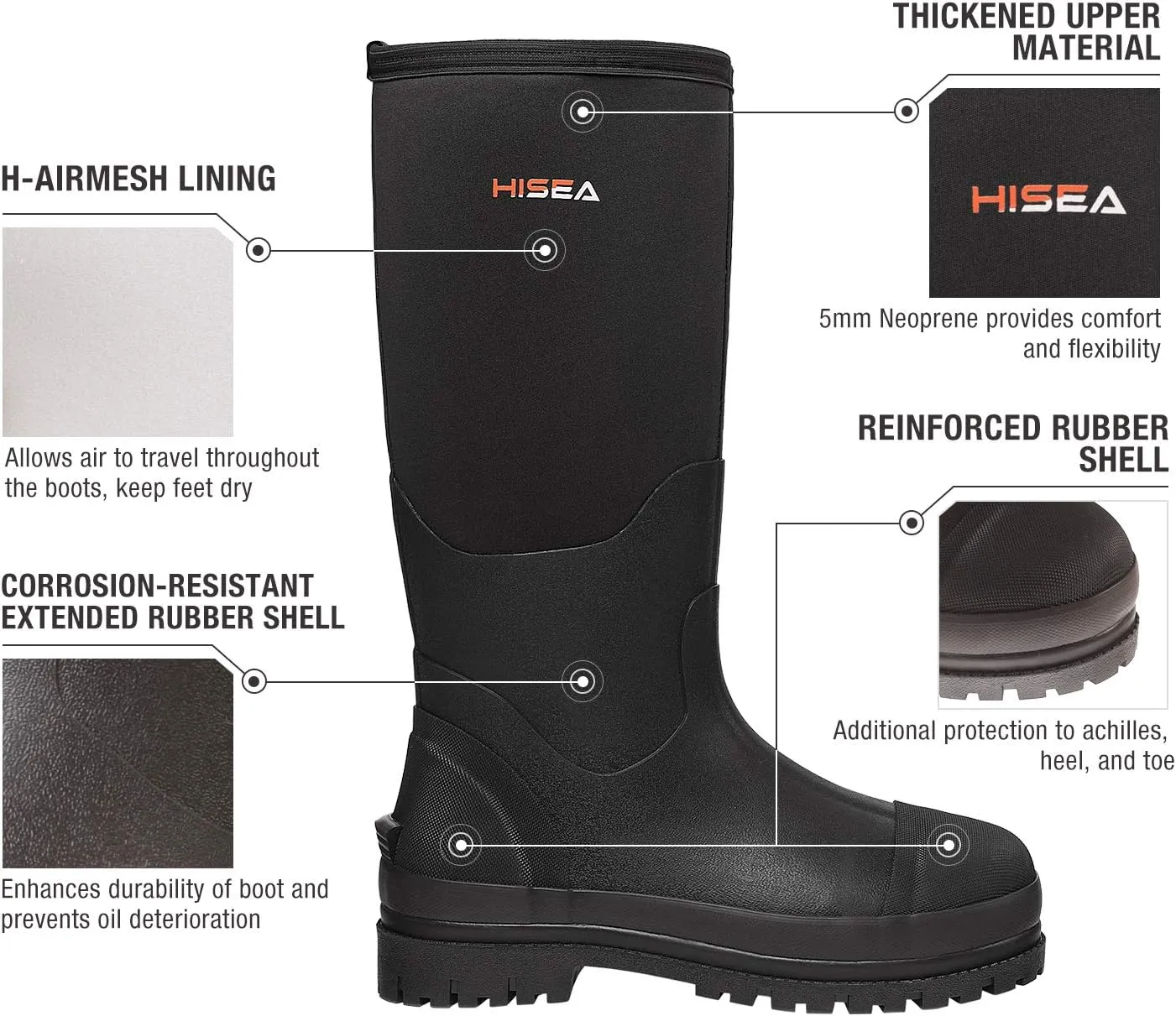 HISEA Men's Rubber Neoprene Rain Boots, Snow Boots - Tall Warm Waterproof Mens Winter Boots Durable Slip Resistant Boots for Men Outdoor Working, Hunting, Fishing