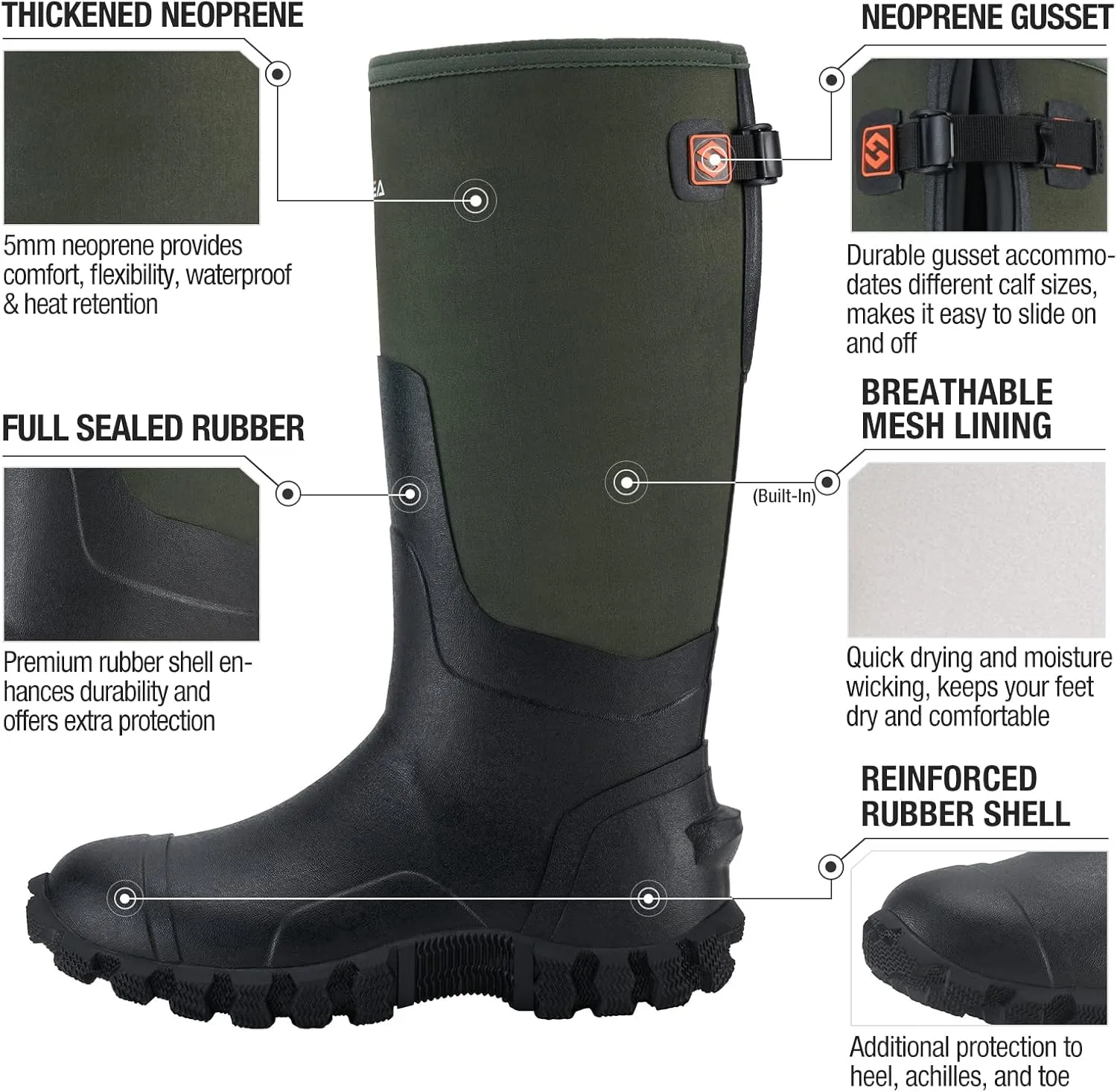 HISEA Upgraded Men's Rain Boots, Waterproof Insulated Rubber Neoprene Boots with Steel Shank, Durable Anti-Slip Outdoor Work Boots for Hunting Gardening Farming Fishing Mud Working, Adjustable Calf