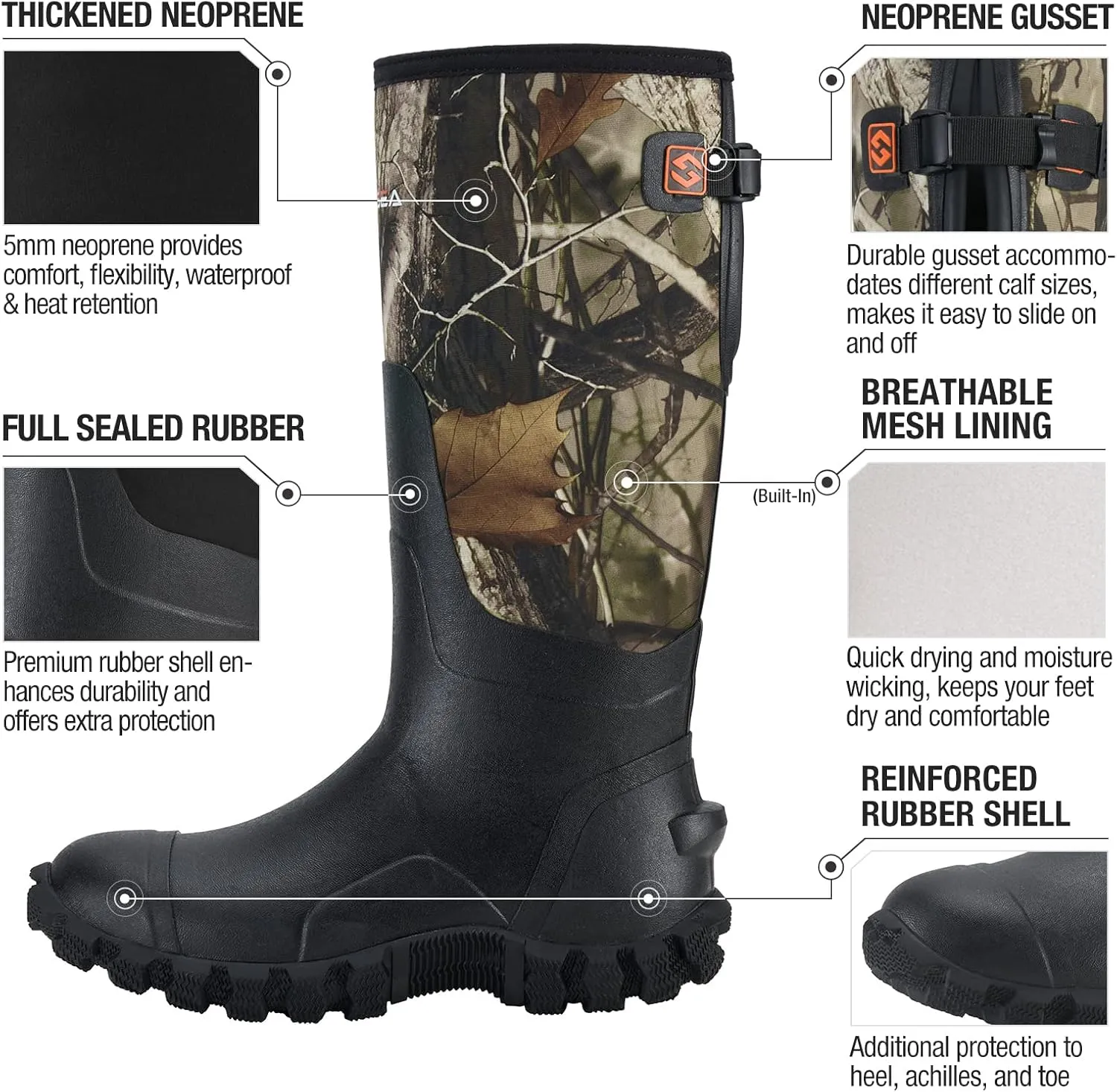 HISEA Upgraded Men's Rain Boots, Waterproof Insulated Rubber Neoprene Boots with Steel Shank, Durable Anti-Slip Outdoor Work Boots for Hunting Gardening Farming Fishing Mud Working, Adjustable Calf