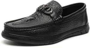 HOOENG Mens Loafers Round Toe Faux Crocodile Print Slip On Leather Lightweight Flat Heel Anti-Slip Casual Slip-on (Color : Black, Size : 6.5)