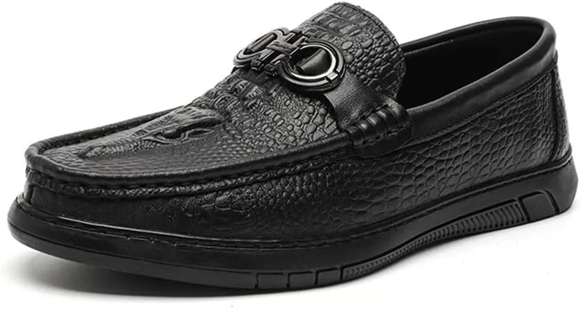 HOOENG Mens Loafers Round Toe Faux Crocodile Print Slip On Leather Lightweight Flat Heel Anti-Slip Casual Slip-on (Color : Black, Size : 6.5)