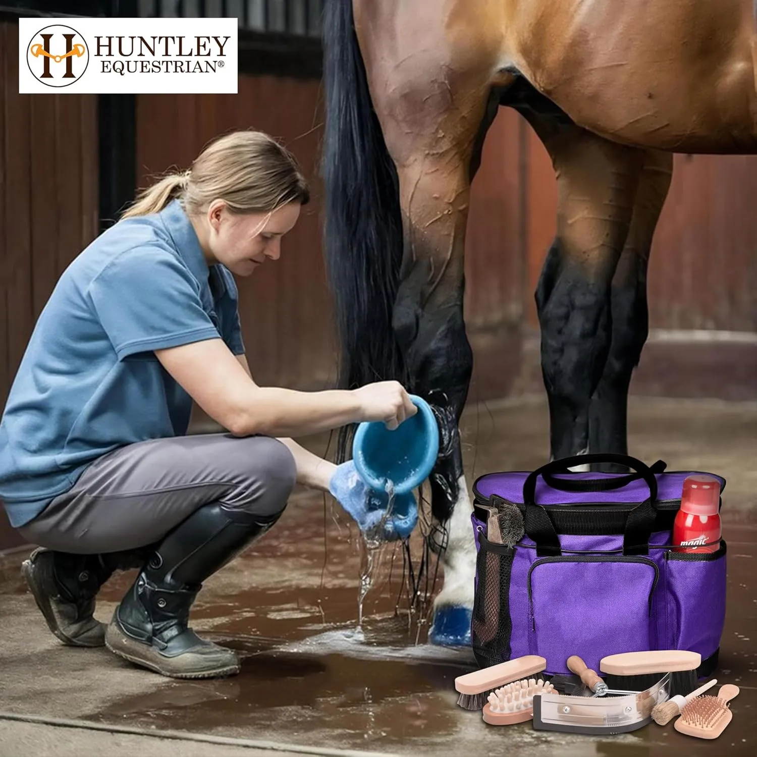Huntley Equestrian Deluxe Grooming Bag Perfectly Designed Easy Access Multi Pocket Zipper Top Closure Double Handles Shoulder Strap Exterior Pockets