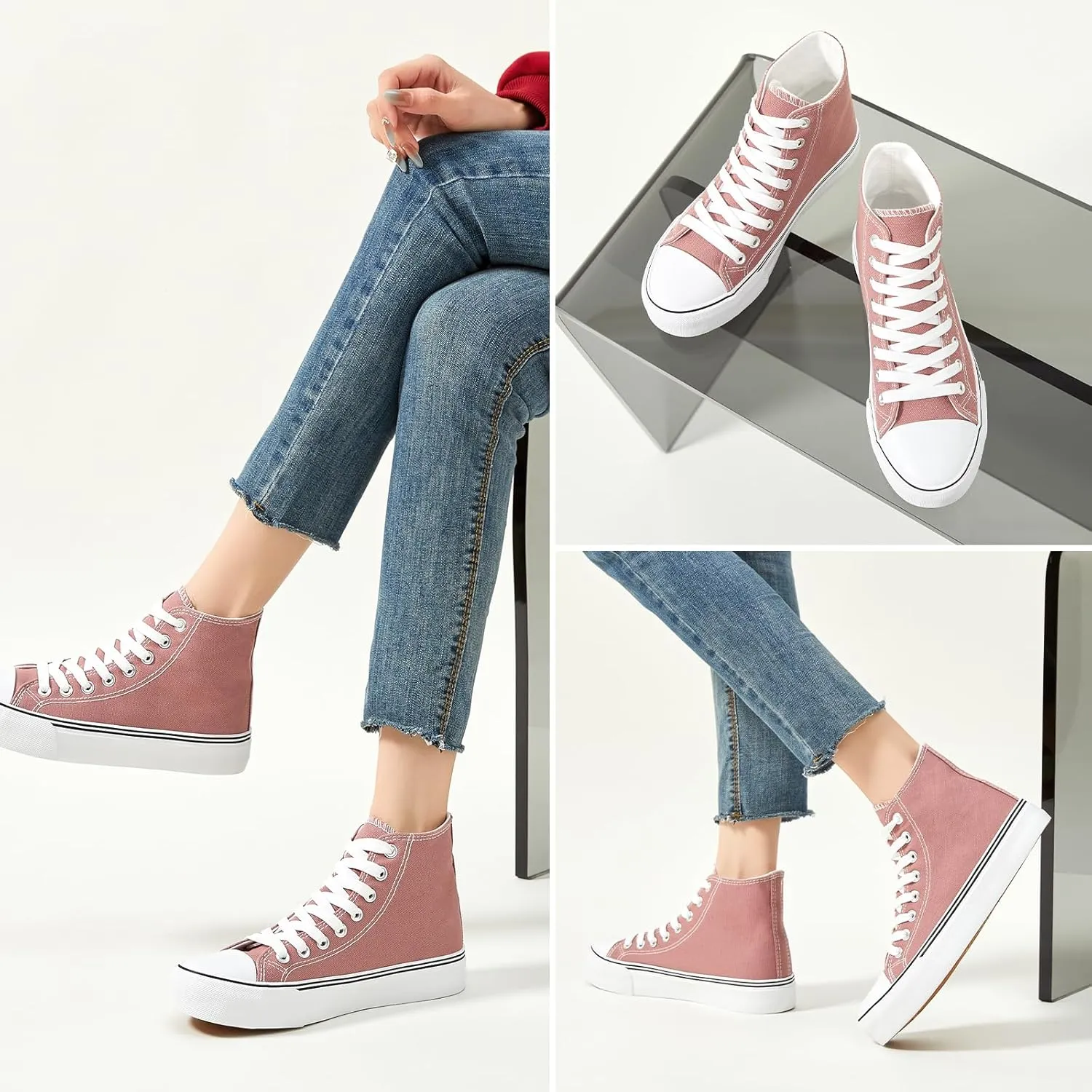 Iarus High Top Sneakers for Women White Canvas Comfortable Shoes for Women Walking Casual Sneakers Tennis Shoes