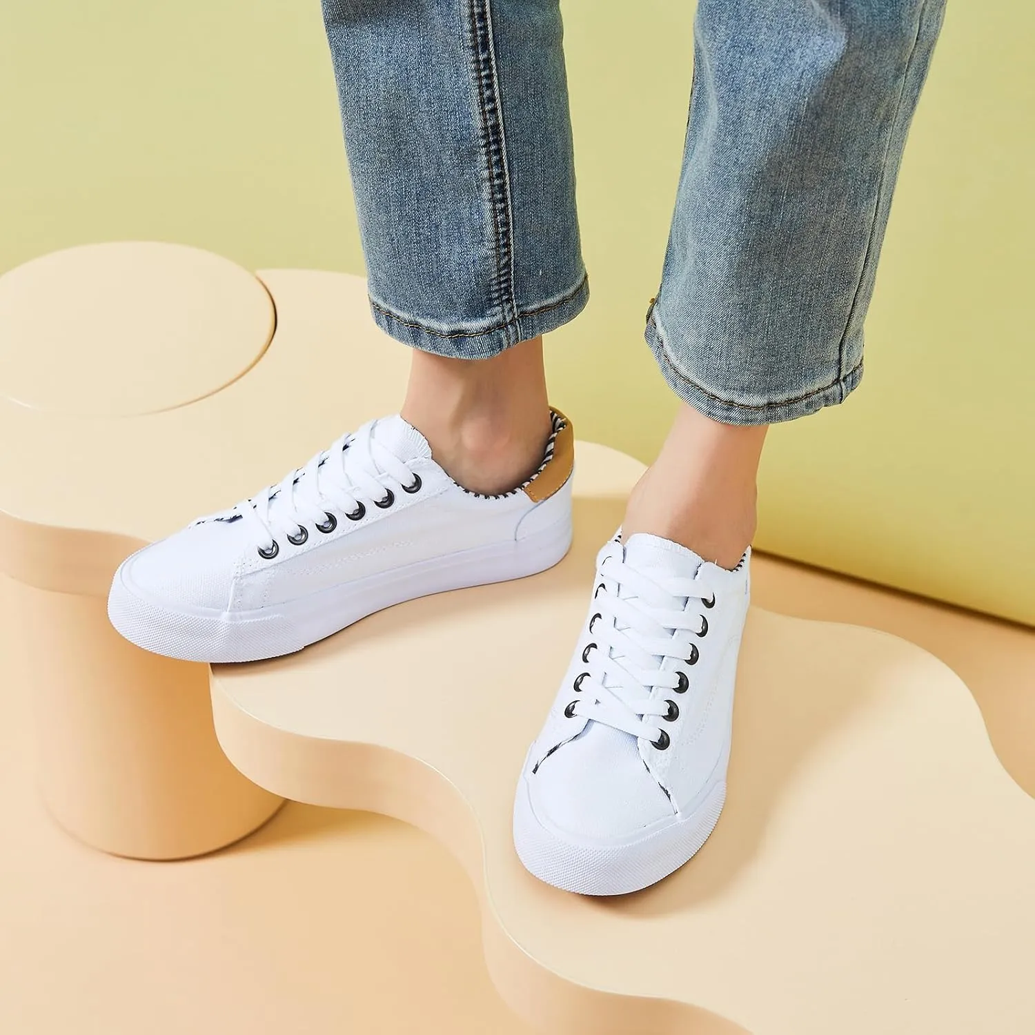 Iarus Women's Fashion Sneakers Low Top White Canvas Shoes for Womens Comfortable Breathable Lace-Up
