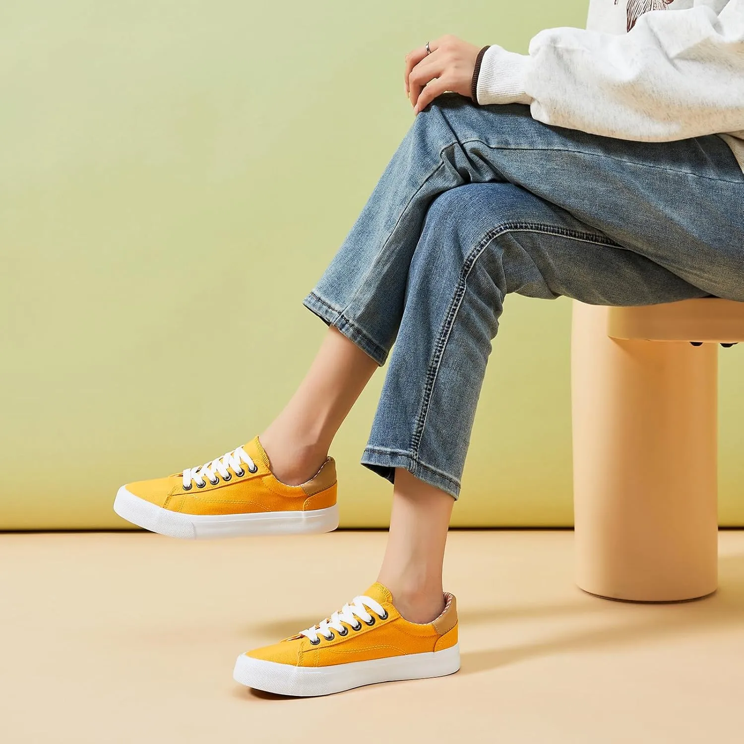 Iarus Women's Fashion Sneakers Low Top White Canvas Shoes for Womens Comfortable Breathable Lace-Up
