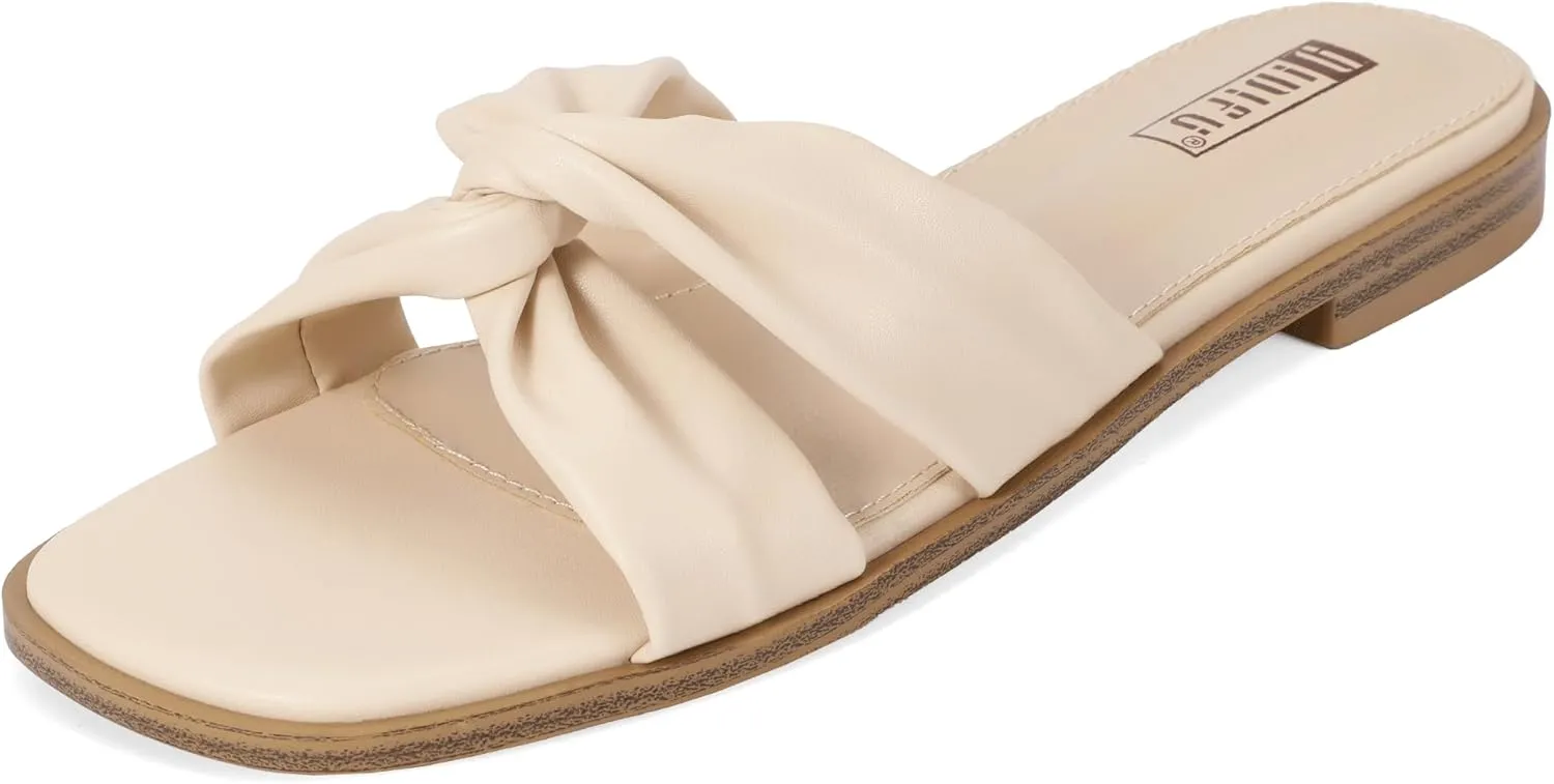 IDIFU Women's Flat Sandals Square Open Toe Slip On Sandals for Women Beach Summer Comfortable Dress Sandals Dressy Cute Walking Slide Sandals Casual Twist Strap Sandals