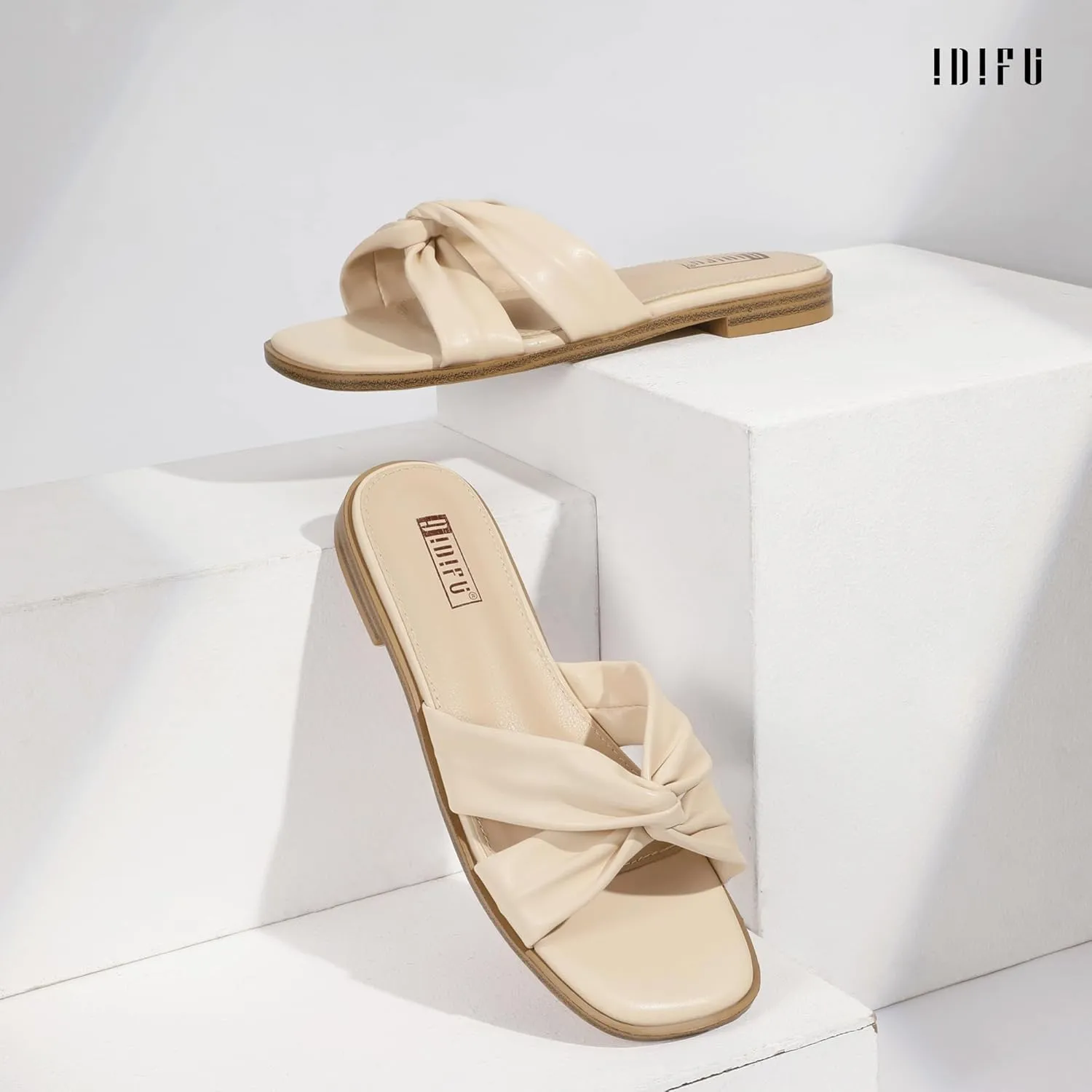 IDIFU Women's Flat Sandals Square Open Toe Slip On Sandals for Women Beach Summer Comfortable Dress Sandals Dressy Cute Walking Slide Sandals Casual Twist Strap Sandals