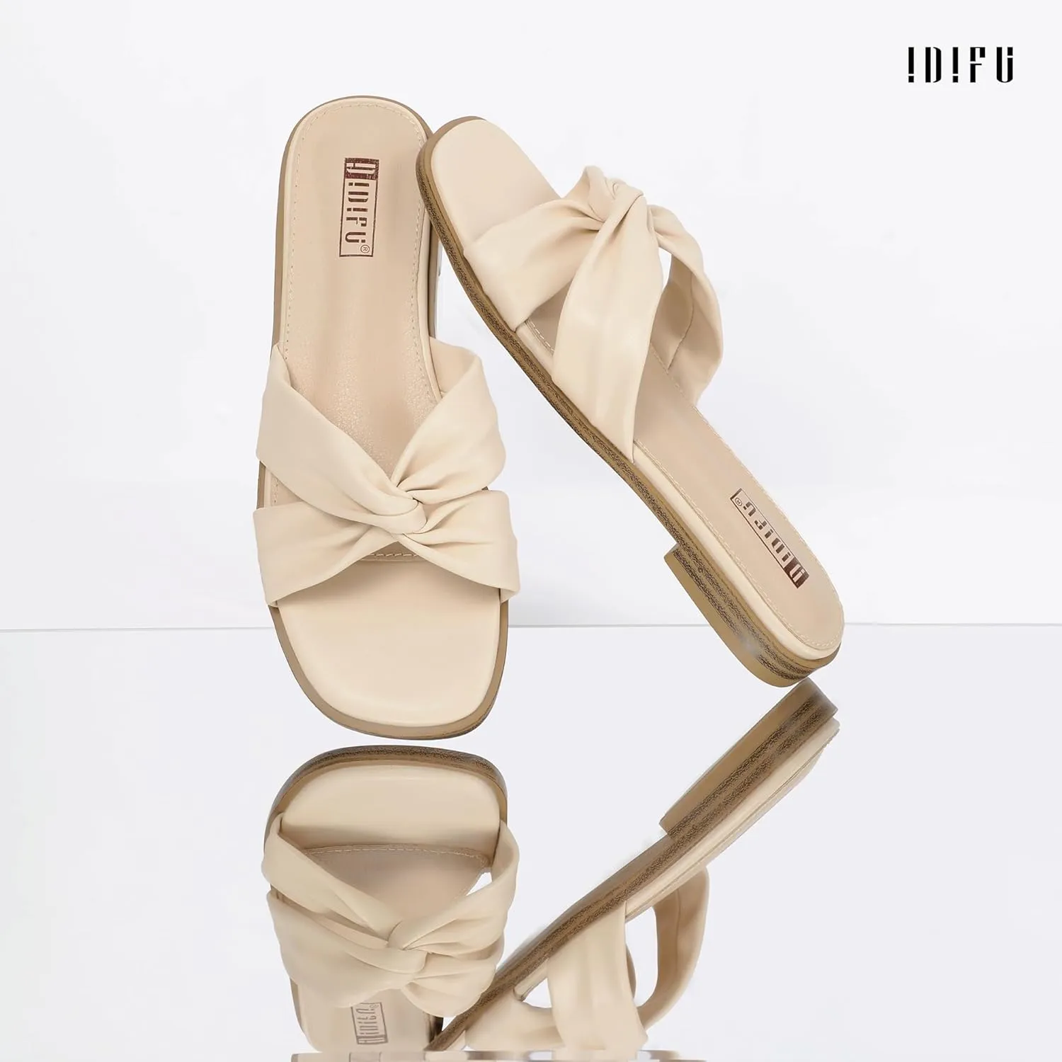 IDIFU Women's Flat Sandals Square Open Toe Slip On Sandals for Women Beach Summer Comfortable Dress Sandals Dressy Cute Walking Slide Sandals Casual Twist Strap Sandals