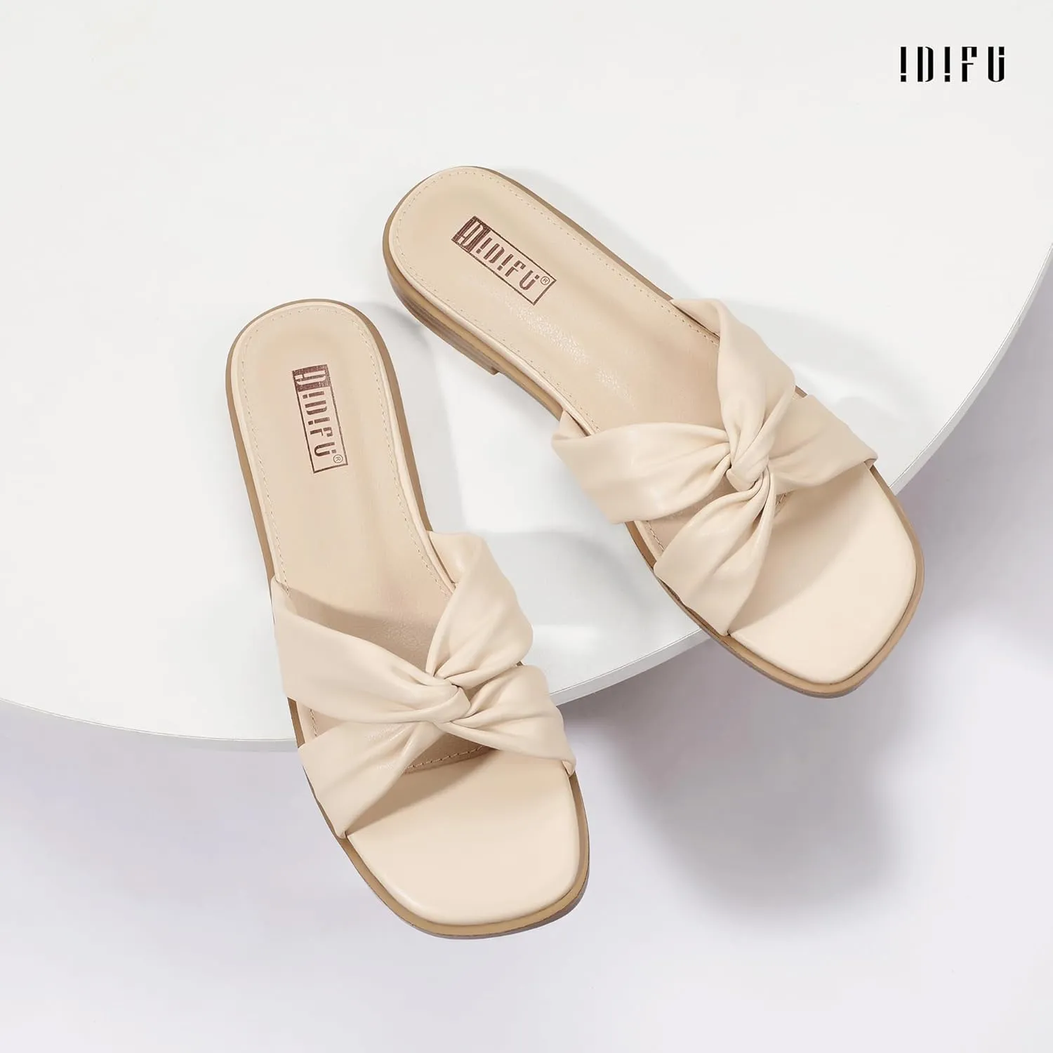 IDIFU Women's Flat Sandals Square Open Toe Slip On Sandals for Women Beach Summer Comfortable Dress Sandals Dressy Cute Walking Slide Sandals Casual Twist Strap Sandals