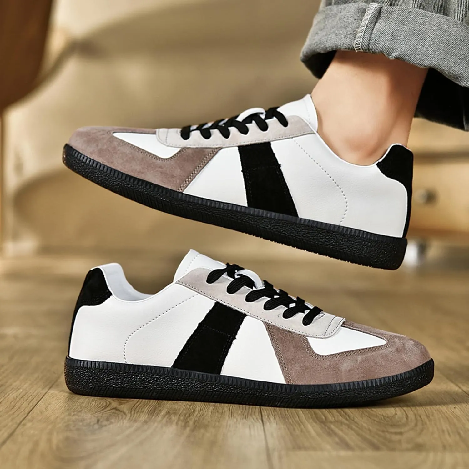 ihinzry Fashion Sneakers Womens Tennis Shoes Genuine Leather Lace Up Casual Shoes Gum Sole Sneakers