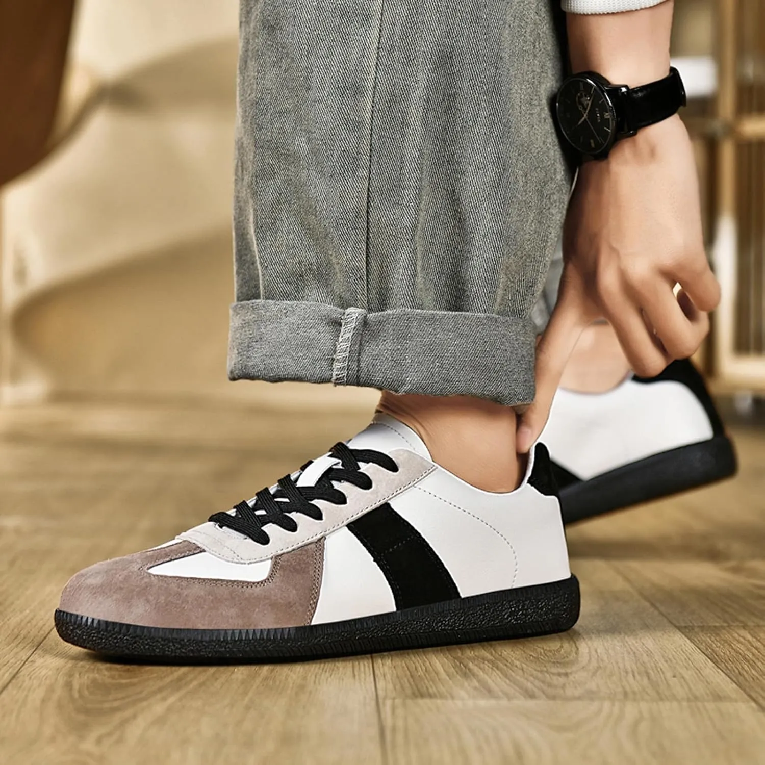 ihinzry Fashion Sneakers Womens Tennis Shoes Genuine Leather Lace Up Casual Shoes Gum Sole Sneakers