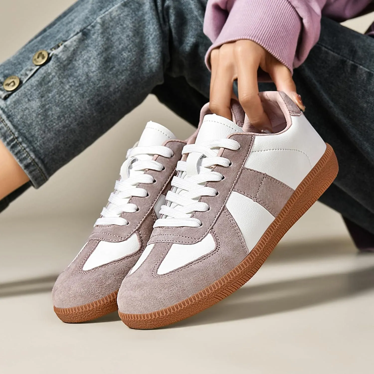 ihinzry Fashion Sneakers Womens Tennis Shoes Genuine Leather Lace Up Casual Shoes Gum Sole Sneakers