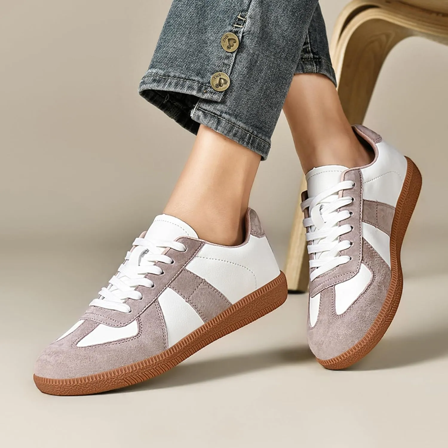 ihinzry Fashion Sneakers Womens Tennis Shoes Genuine Leather Lace Up Casual Shoes Gum Sole Sneakers