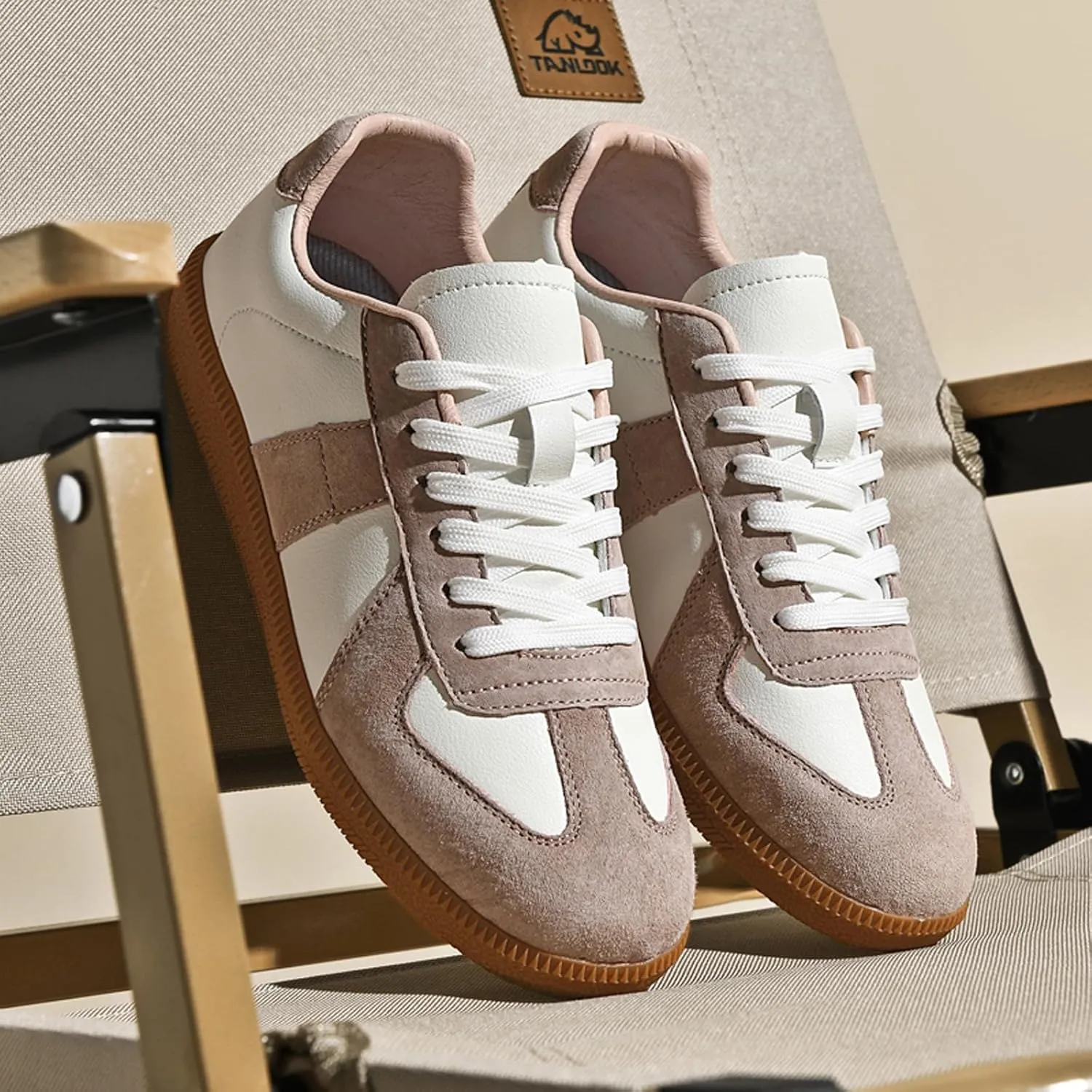 ihinzry Fashion Sneakers Womens Tennis Shoes Genuine Leather Lace Up Casual Shoes Gum Sole Sneakers