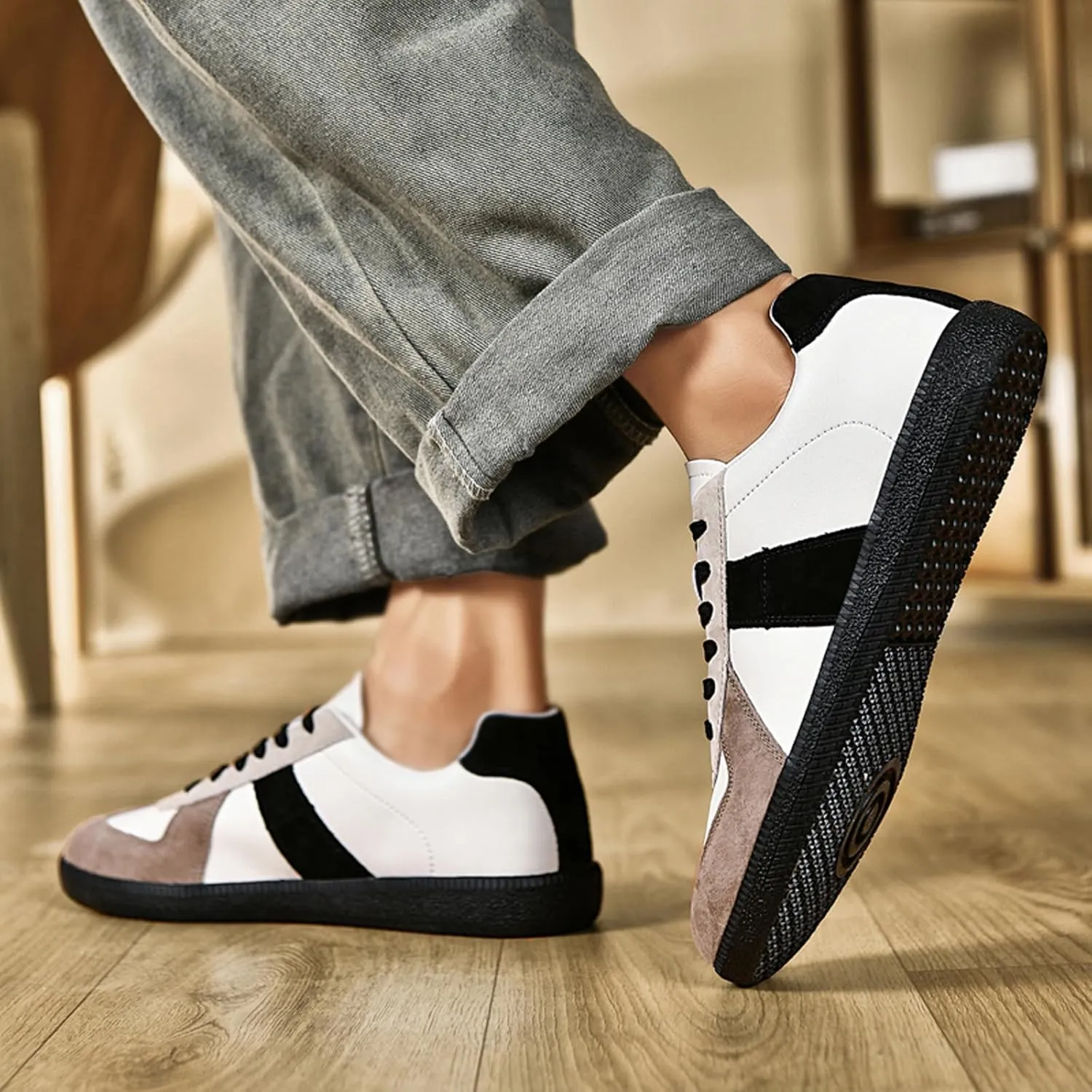 ihinzry Fashion Sneakers Womens Tennis Shoes Genuine Leather Lace Up Casual Shoes Gum Sole Sneakers