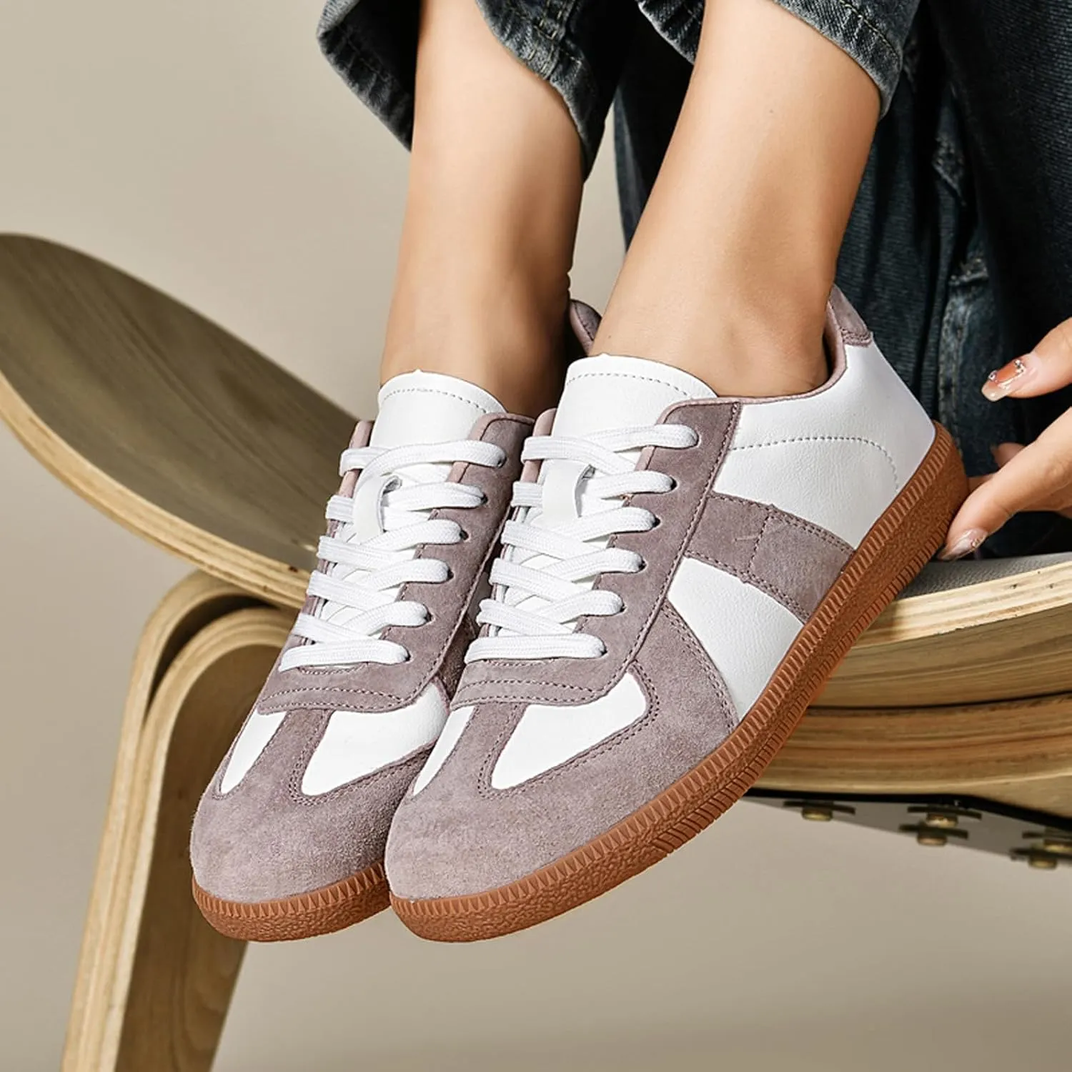 ihinzry Fashion Sneakers Womens Tennis Shoes Genuine Leather Lace Up Casual Shoes Gum Sole Sneakers