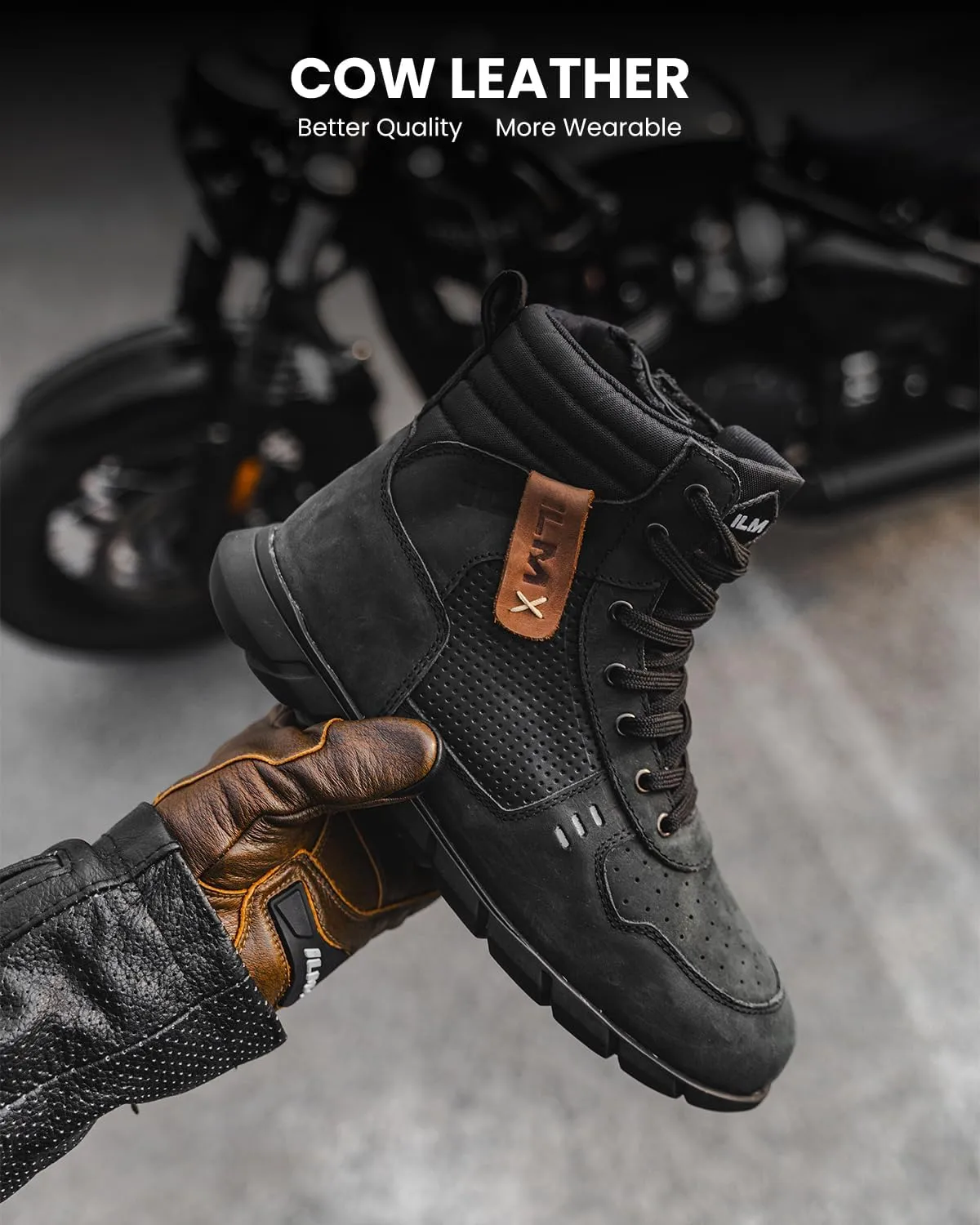 ILM Motorcycle Leather Shoes for Men Waterproof Anti-Slip with Ankle Support Model UB305