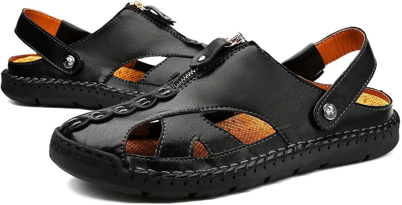 JAMONWU Men's Casual Closed Toe Adjustable Leather Sandals Handmade Fisherman Beach Sandals