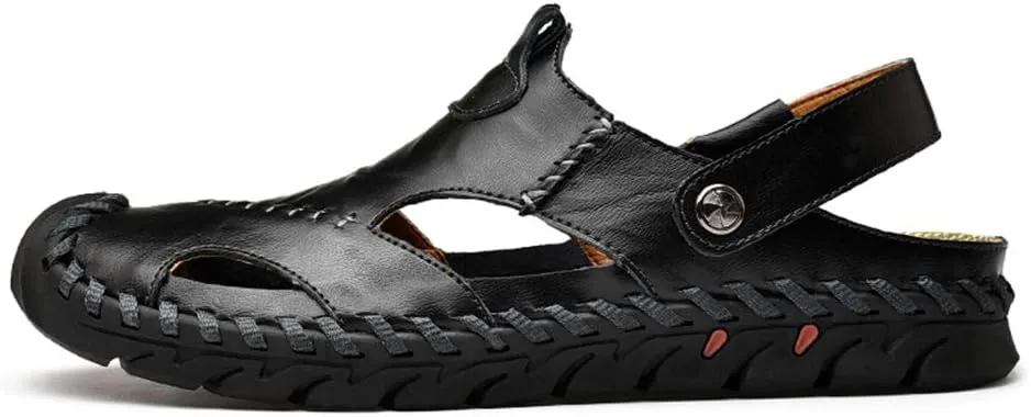 JAMONWU Men's Casual Closed Toe Adjustable Leather Sandals Handmade Fisherman Beach Sandals