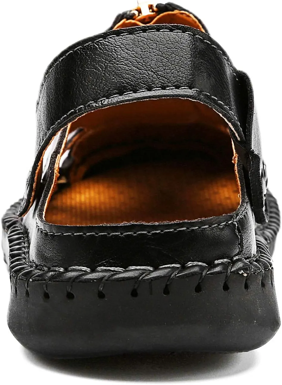 JAMONWU Men's Casual Closed Toe Adjustable Leather Sandals Handmade Fisherman Beach Sandals