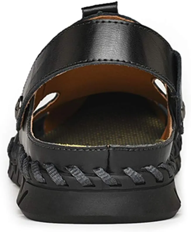 JAMONWU Men's Casual Closed Toe Adjustable Leather Sandals Handmade Fisherman Beach Sandals