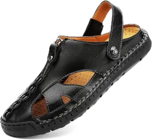 JAMONWU Men's Casual Closed Toe Adjustable Leather Sandals Handmade Fisherman Beach Sandals