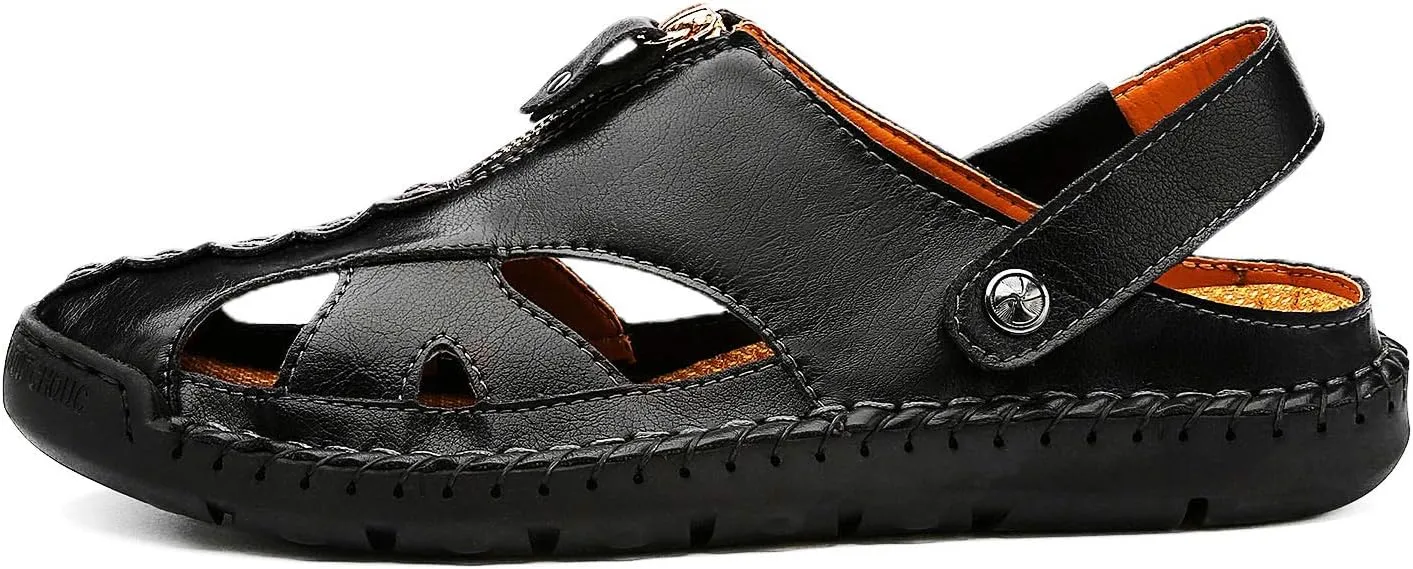 JAMONWU Men's Casual Closed Toe Adjustable Leather Sandals Handmade Fisherman Beach Sandals