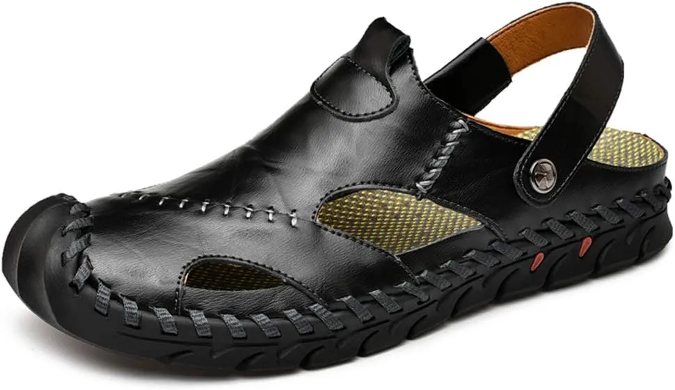 JAMONWU Men's Casual Closed Toe Adjustable Leather Sandals Handmade Fisherman Beach Sandals