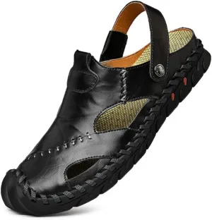 JAMONWU Men's Casual Closed Toe Adjustable Leather Sandals Handmade Fisherman Beach Sandals