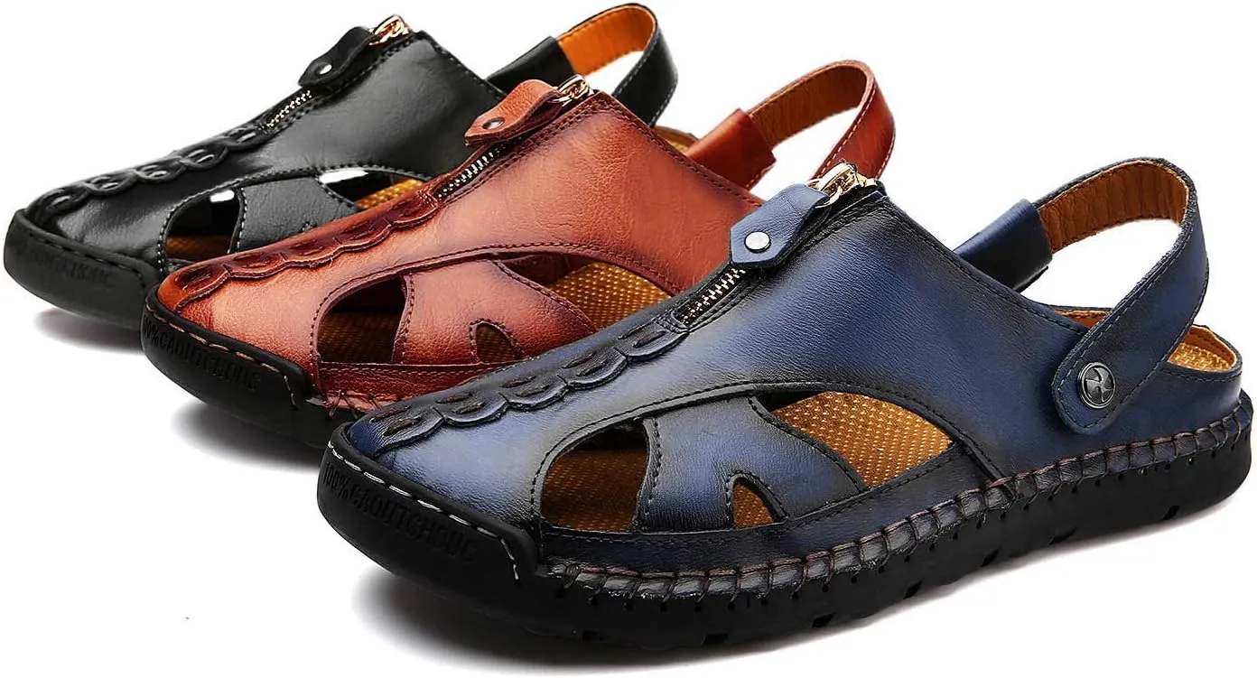 JAMONWU Men's Casual Closed Toe Adjustable Leather Sandals Handmade Fisherman Beach Sandals