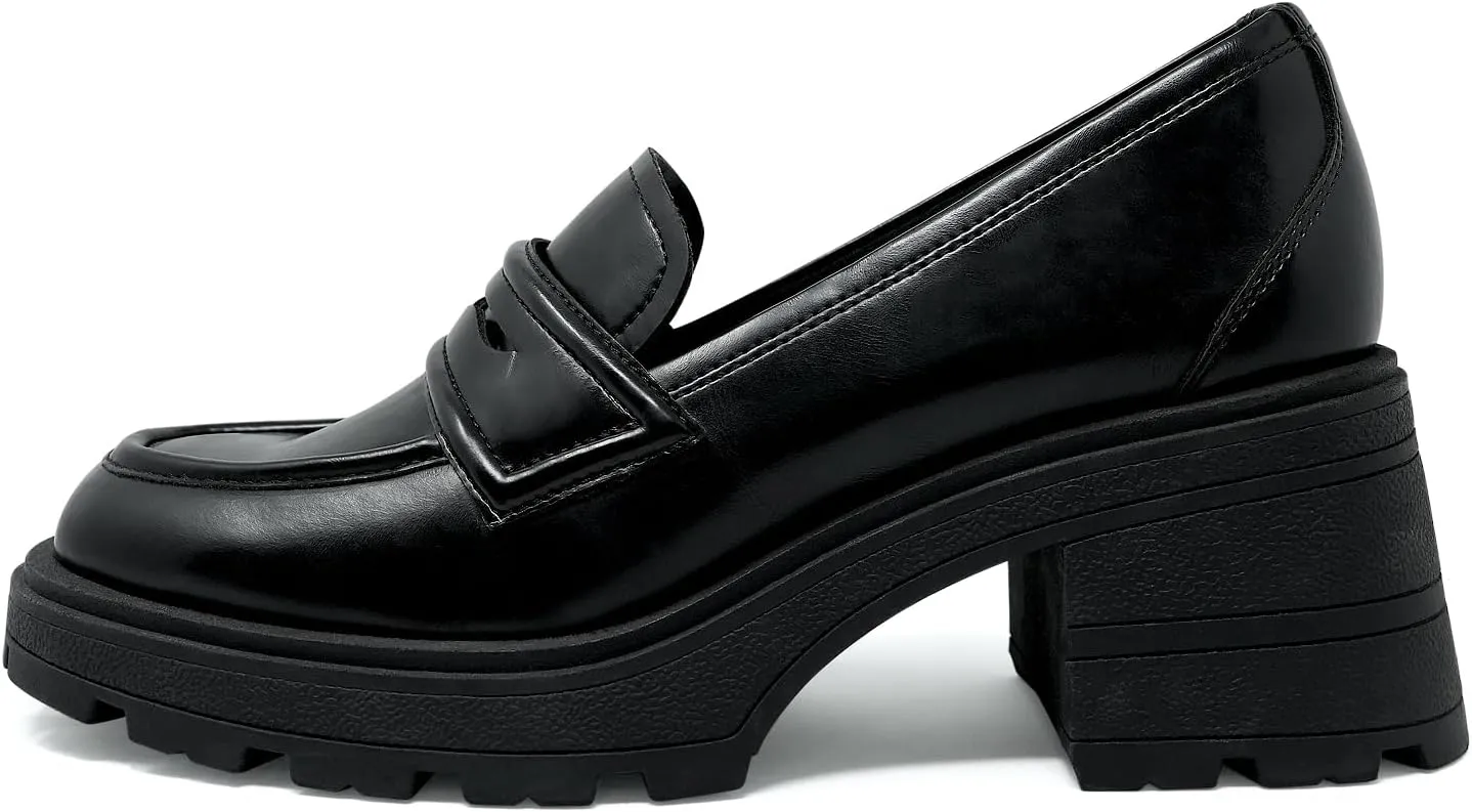 JENN ARDOR Chunky Block Heel Loafers for Women Closed Round Toe Platform Pumps Slip On Dress Shoes Wedding Party Office Lady Shoes