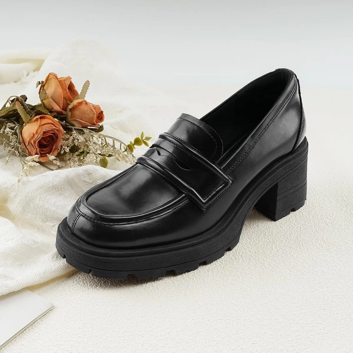 JENN ARDOR Chunky Block Heel Loafers for Women Closed Round Toe Platform Pumps Slip On Dress Shoes Wedding Party Office Lady Shoes