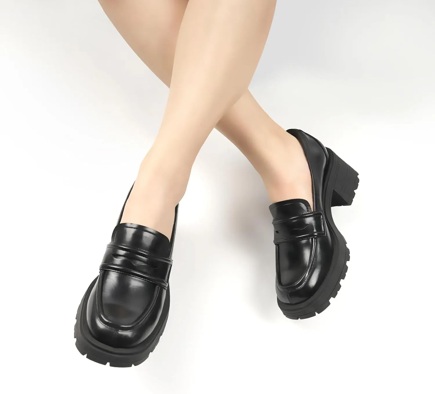 JENN ARDOR Chunky Block Heel Loafers for Women Closed Round Toe Platform Pumps Slip On Dress Shoes Wedding Party Office Lady Shoes