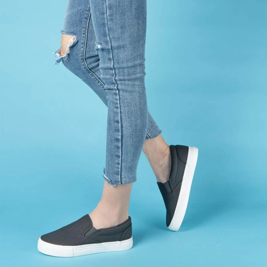 JENN ARDOR Womens Slip On Sneakers Perforated/Quilted Casual Shoes Fashion Walking Flats