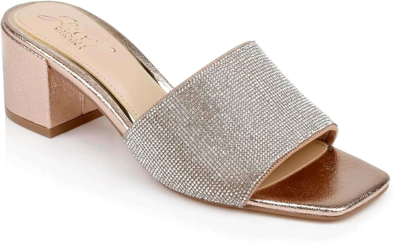 Jewel Badgley Mischka Harlyn Block Heeled Mules with Crystal Vamp