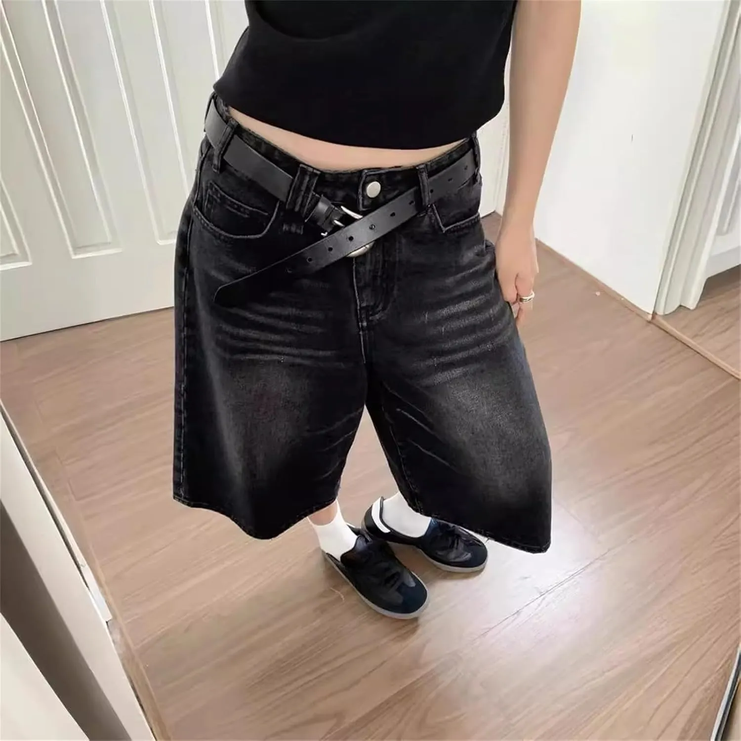 Jorts Women's & Men's Black Denim Shorts Jean Shorts Y2k Style Long Jorts Wide Leg Baggy with Pockets