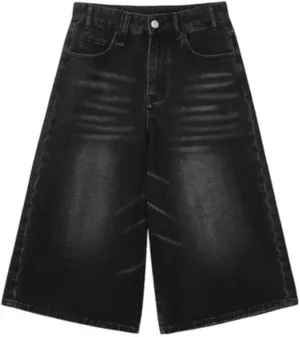 Jorts Women's & Men's Black Denim Shorts Jean Shorts Y2k Style Long Jorts Wide Leg Baggy with Pockets