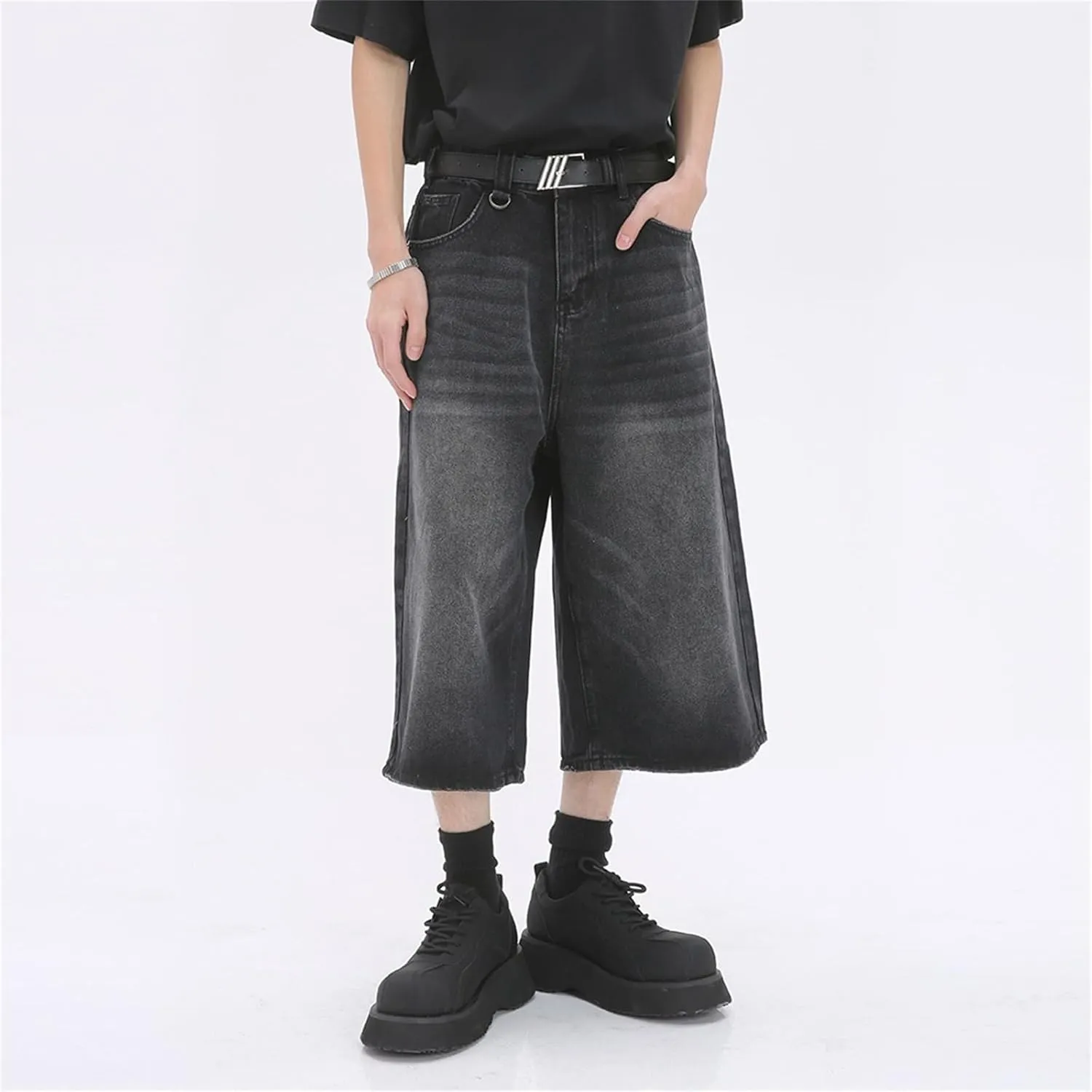 Jorts Women's & Men's Black Denim Shorts Jean Shorts Y2k Style Long Jorts Wide Leg Baggy with Pockets