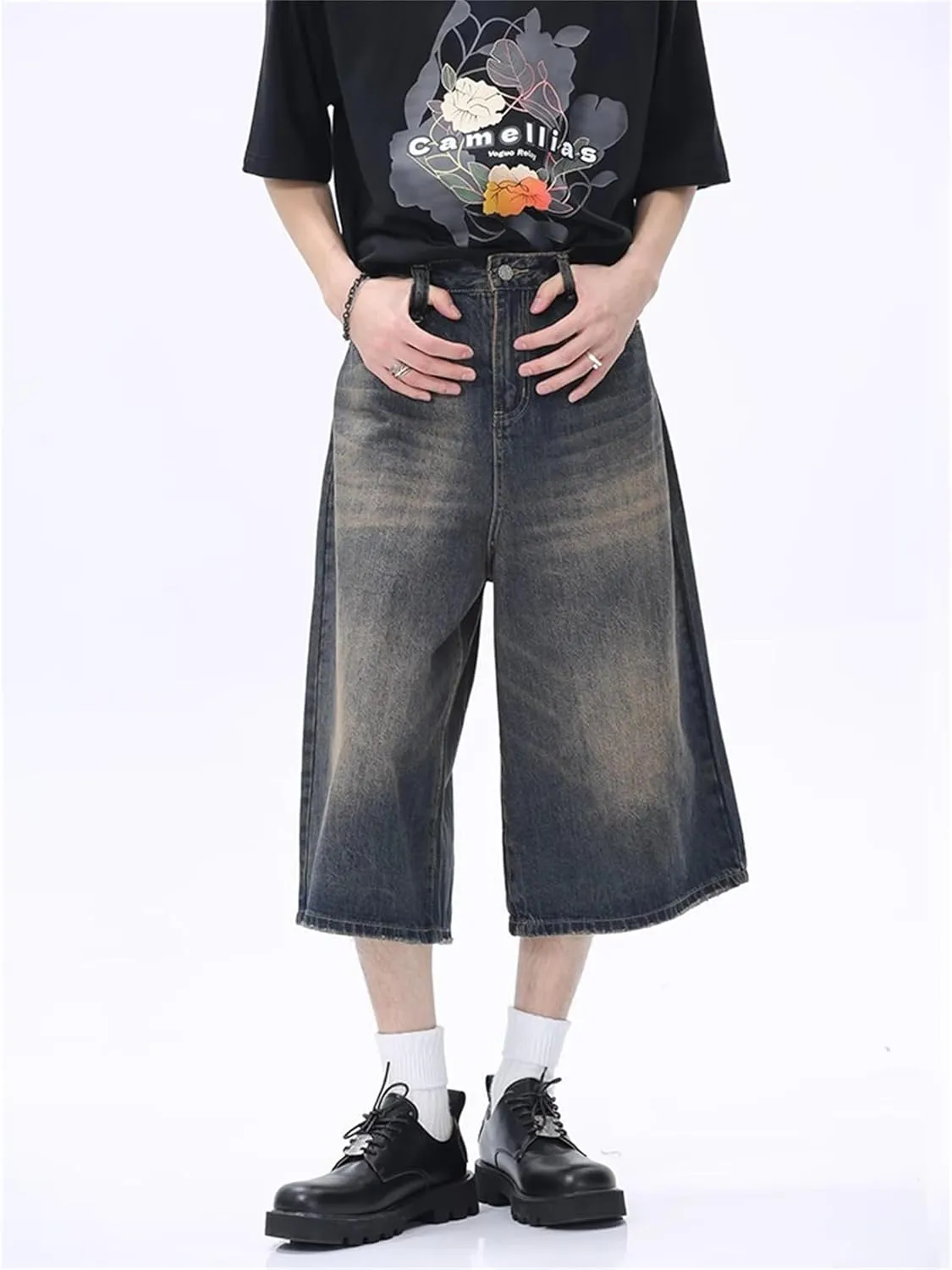 Jorts Women's & Men's Black Denim Shorts Jean Shorts Y2k Style Long Jorts Wide Leg Baggy with Pockets