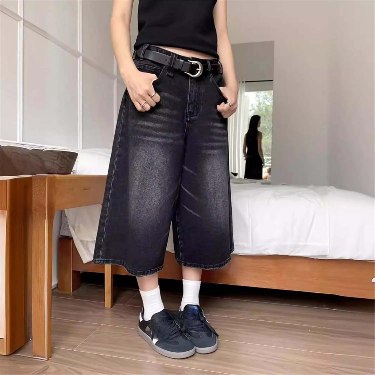 Jorts Women's & Men's Black Denim Shorts Jean Shorts Y2k Style Long Jorts Wide Leg Baggy with Pockets