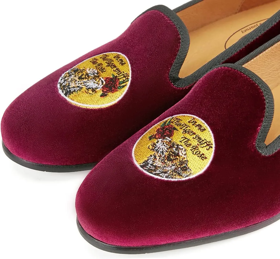 Journey West Men's Velvet Loafers Embroidery Slip-On Loafers Tuxedo Dress Shoes Smoking Slippers for Men